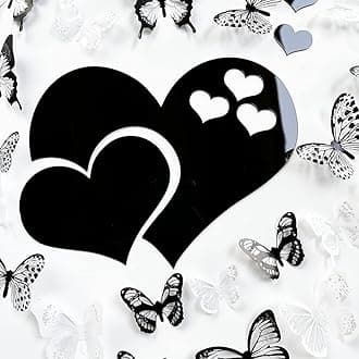 3D Crystal Butterfly and Acrylic Mirror Hearts Wall Stickers with Adhesive Art Decal Satin Paper Baby Kids Bedroom Home DIY Decor Removable Stickers (36 Butterfly and Black Heart)