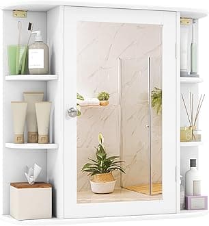 Bathroom Medicine Cabinet with Mirror, Modern Wall Mounted Space-Saving Storage Organizer with Mirrored Door, 4 Internal Shelves & 6 Open Side Shelves, Bathroom Wall Cabinet (White)