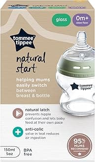 Tommee Tippee Closer to Nature Glass Baby Bottle, Slow Flow Breast-Like Teat with Anti-Colic Valve, 150ml, Pack of 1, Clear