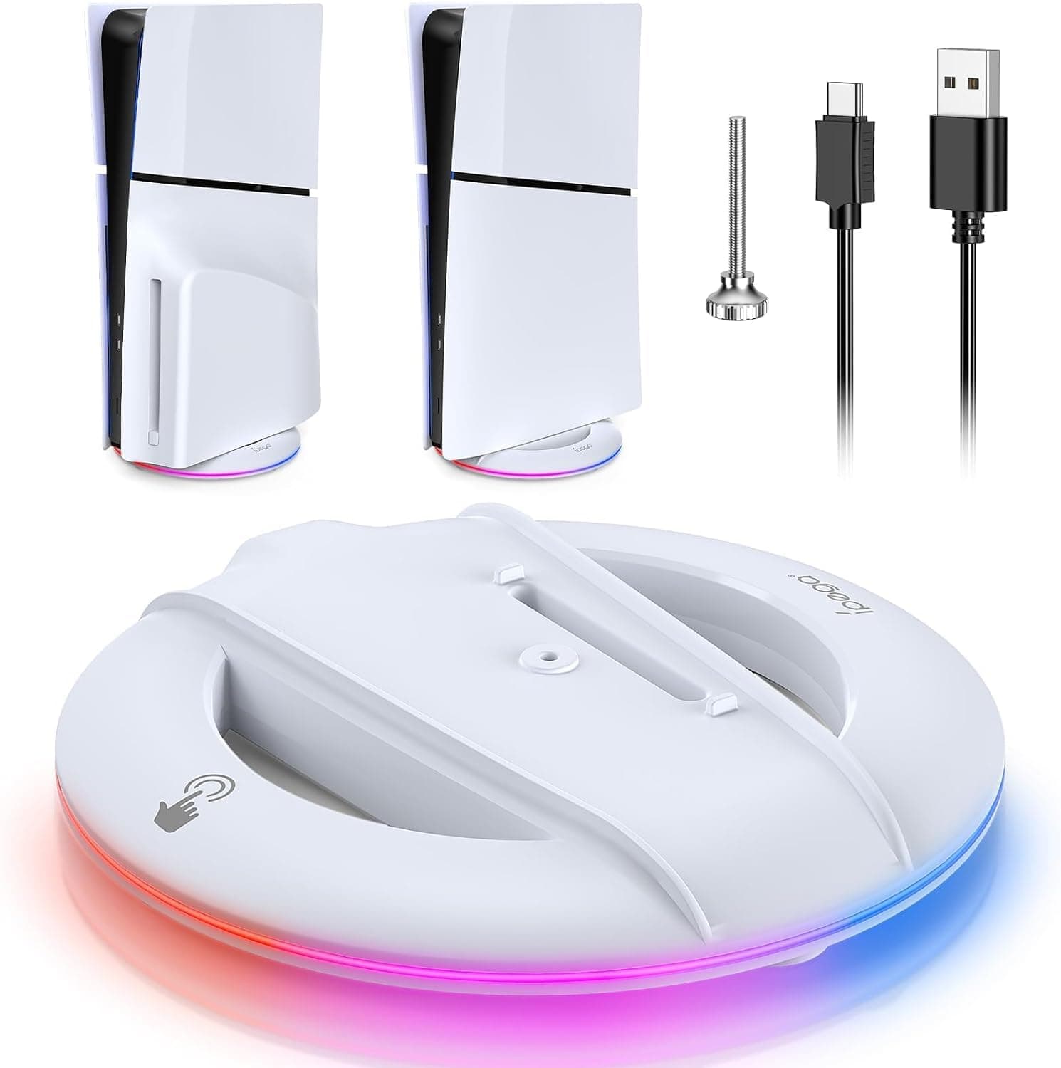 CENXI LED Vertical Stand for PS5 Slim Console Disc and Digital with 14 Light Mode, RGB Base Stand Replacement for Playstation 5 Slim Console with Screw ＆ USB Cable, White