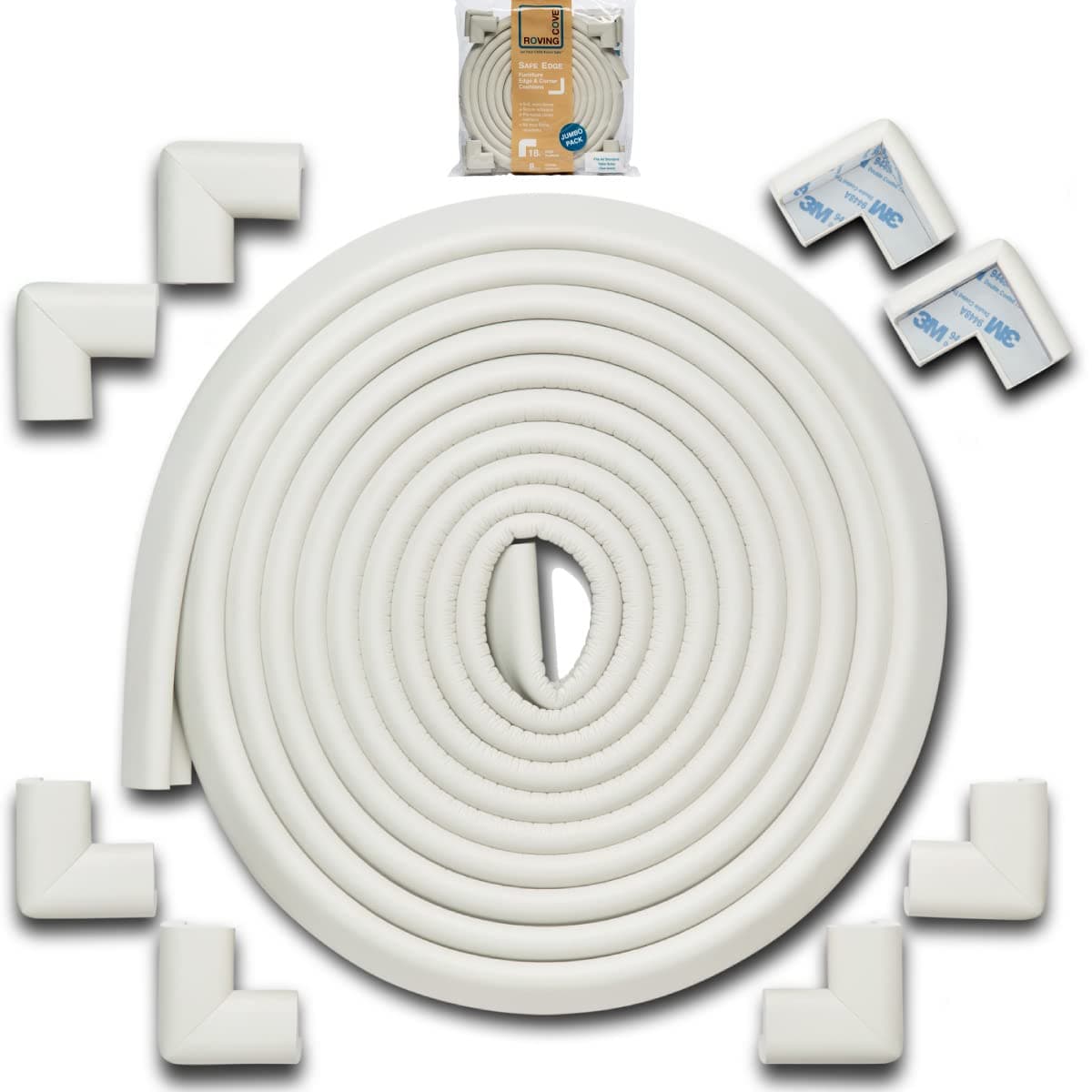 Roving Cove HeftyFit Edge Corner Protector Baby Proofing (Large 18ft Edge 8 Corners), Heavy-Duty, Soft NBR Rubber Foam, Furniture Fireplace Safety Bumper Guard, 3M Adhesive, Oyster White (Off White)
