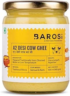 BAROSI [A2 Desi Cow Ghee 500ML] A2 Danedar Desi Ghee | Traditional Vedic Bilona Method Ghee | Grass-Fed | Curd-Churned | Cultured | Pure, Natural & Healthy Ghee (Glass Bottle 500 ml)