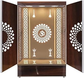 Wooden Temple Brown LED Light for Home and Office|Home Temple|Puja Mandir|Wall Hanging & Table Top Home Mandir Designer Mandir For Home /Mandir With Doors (60X32X18 IN)