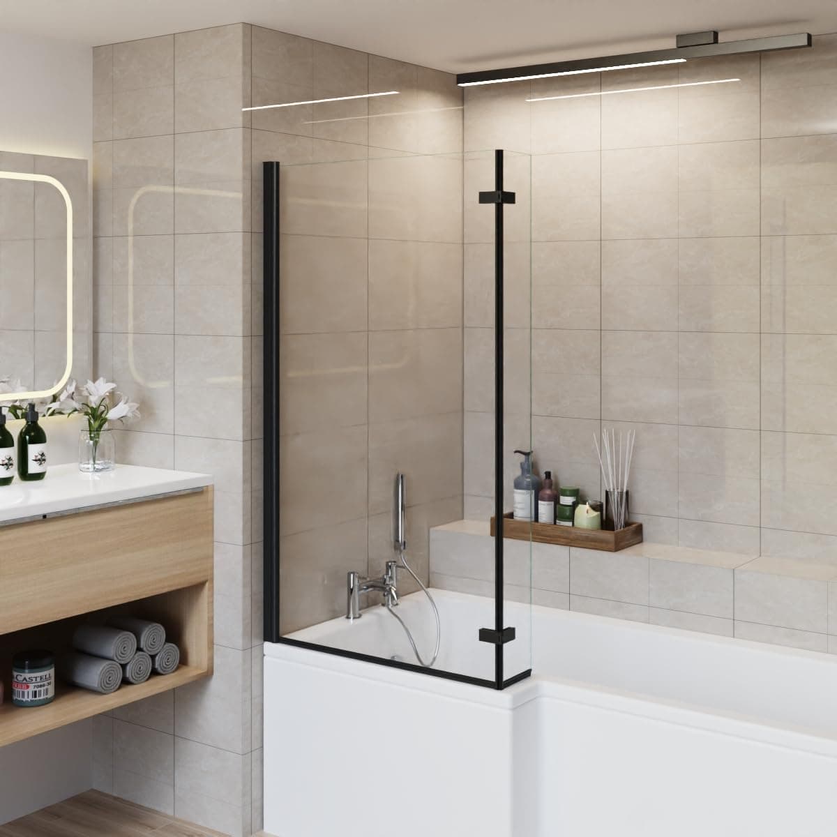 Aquariss 810x1400mm Square Bath Shower Screen 2 Folding Bifold 6mm Safety Glass Easy Clean Panel Frameless 180 Degree Pivot Screen Black