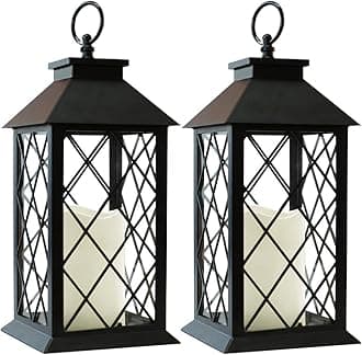 Bright Zeal 2-Pack 14" Vintage Candle Lantern With LED ing Flameless Candle (Black, 6hr Timer) - Battery Powered Candle Lantern Outdoor - Decorative Hanging Lantern For Patio - Tabletop Lantern