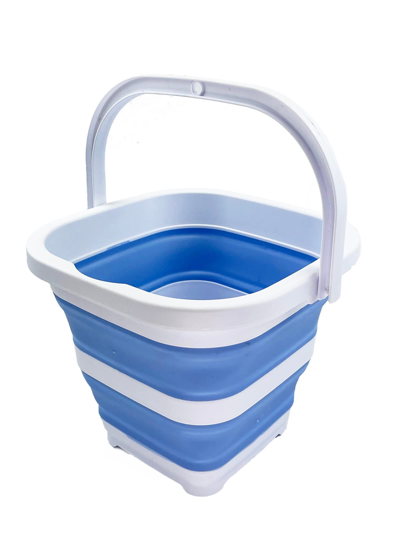 SAMMART Collapsible Rectangular Cleaning Bucket 5L (1.3 Gallon)- Foldable Camping Beach Sand Water Pot Pail- Portable Space Saving Tub for Household, Outdoor Car Washing (White/Baby Blue)