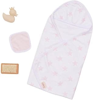 LullaBaby – Hooded Bath Towel in Pink Star Pattern – Bath Toys & Pink Ducky– 14-Inch Baby Doll Accessories – Pretend Play 2+ Years– Baby Doll Bathtime Outfit