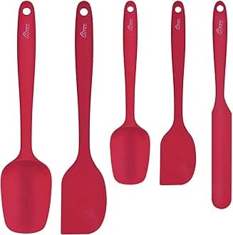 HOTEC Heat Resistant 600℉ BPA-Free Silicone Rubber Spatula Set, Kithchen Cooking Spatulas, Baking, Mixing, for Non Stick Cookware, Dishwasher Safe, Red Set of 5