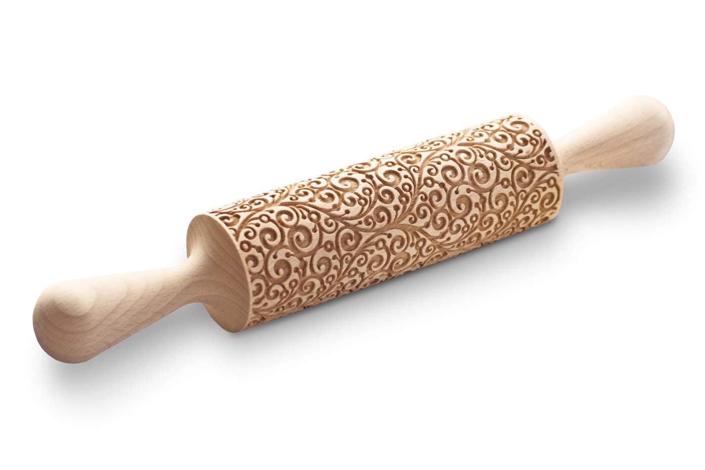 Curly rolling pin 3D, patterned cookie stamp, embossed floral imprint utensil, twirly flower motive etched roller