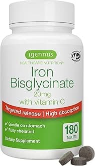 High Absorption Chelated Iron Bisglycinate 20mg with Vitamin C, Gentle Formula, Clean Label & Targeted Release, One Daily, Vegan, 180 Tablets,