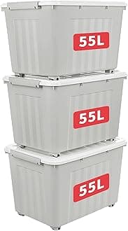Cetomo 55L*3 Storage Boxes with Lids, Plastic Storage Box with Wheels and Secure Side Latches, Stackable & Nestable Organizer for Home, Office, Moving, PP, Gray, 55L-3 Pack