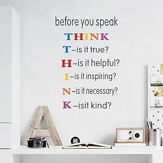 TOARTi Colorful Inspirational Quotes Wall Decals, Before You Speak Think Lettering Wall Stickers, Motivational Positive Saying Vinyl Wall Art for Kids Room Classroom Decor
