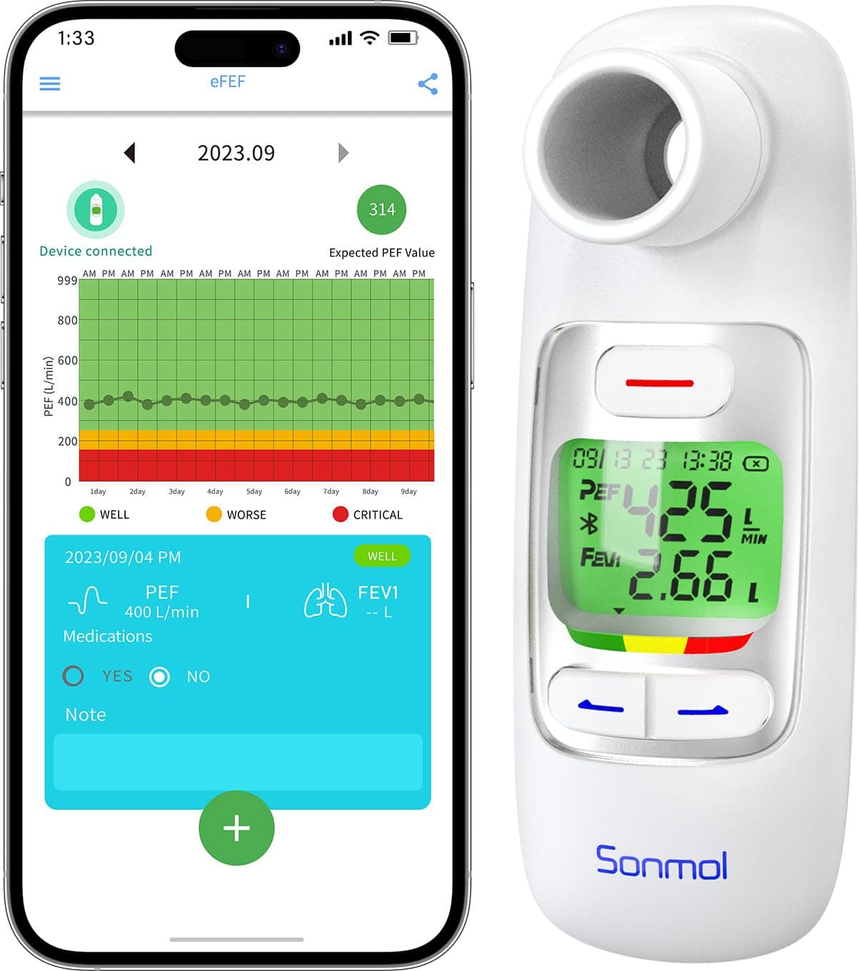 Upgraded Spirometer with Risk Indicator and 300 Record Storage, Portable Max Flow Meter with Bluetooth Tracking and Testing App, PEF and FEV1, EPOC Asthma Monitor