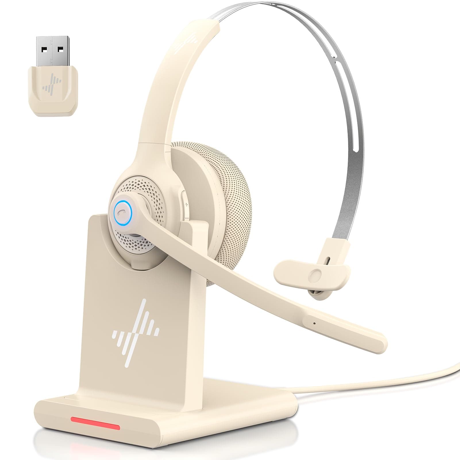 Bluetooth Headset - Wireless Headset with Noise Cancelling Microphone, V5.2 Computer Headphones with USB Dongle, Charging Base & Mic Mute for Work/Call Center/PC/Laptop/Online Class（Apricot）
