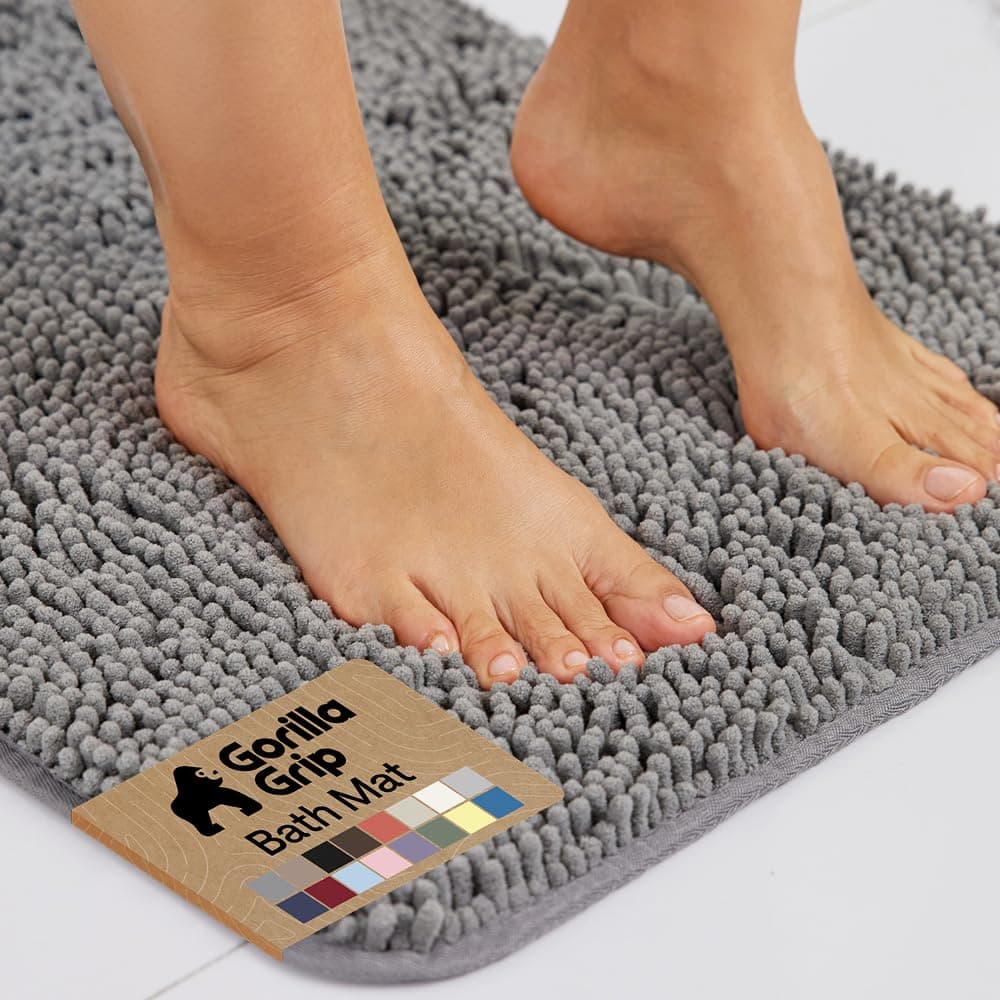 Bath Rug Mat 30x20, Thick Soft Absorbent Chenille, Quick Dry Microfiber Mats, Rubber Backing Washable Shower Floor Rugs, US Designed Bathroom Bathmat Home Decor Accessories, Grey