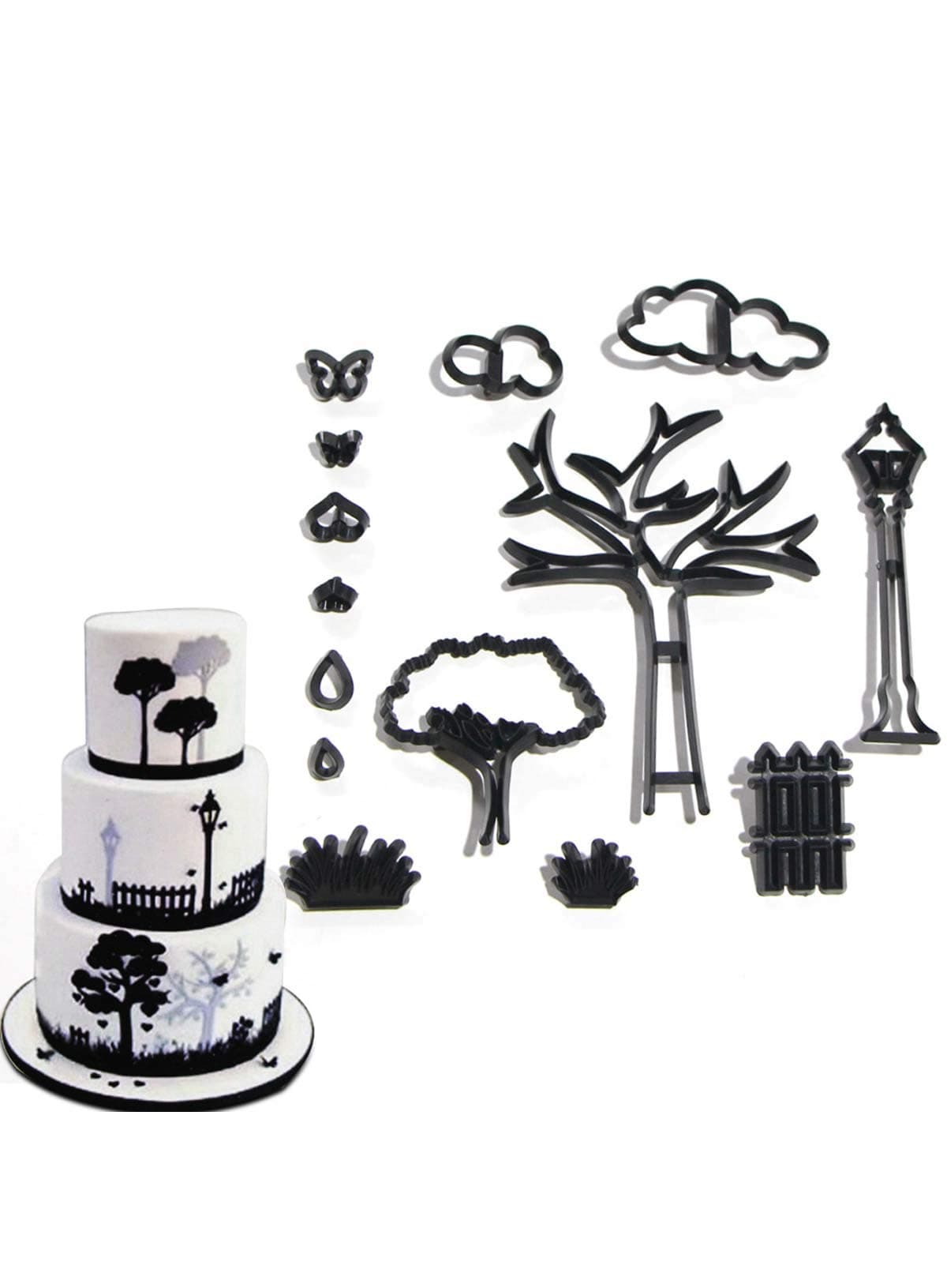 Cake Decor 14Pcs/Set Park Theme Silhouette Cookie Cutter Plastic Plant Tree Grass Street Lamp Fondant Biscuit Cutter Sugarcraft Cake Decorating Tools