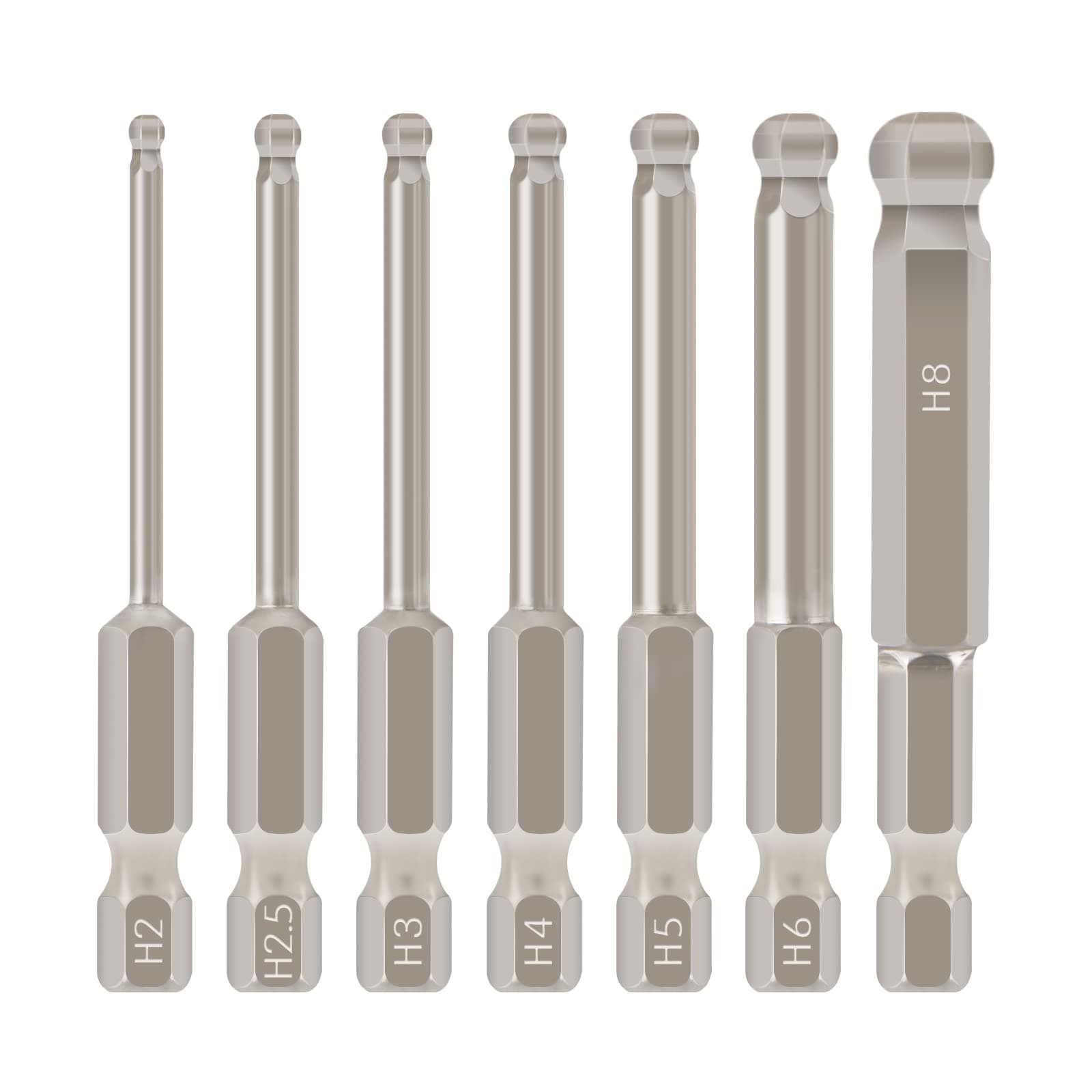 7pcs Metric Ball End Hex Screwdriver Bit Set 1/4 Inch Hex Shank Ball End Allen Driver bits Magnetic 65MM Length 2MM 2.5MM 3MM 4MM 5MM 6MM 8MM