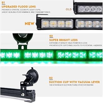 Xprite 31.5 Inch Green LED Emergency Traffic Advisor Strobe Light Bar, 21 Flashing Patterns w/Suction Cup Mount, Windshield Deck Dash Caution Hazard Safety Lightbar for Construction Vehicles Trucks