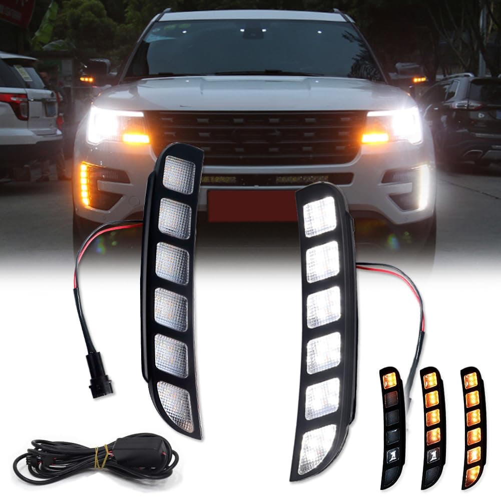GTINTHEBOX for 2016 2017 2018 2019 Ford Explorer Front Bumper DRL Fog Driving Lights Sequential Turn Signal Lamp Switchback Amber & White Dual Color LED (new update)
