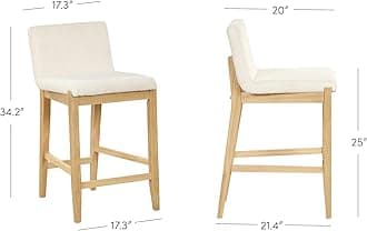 Nathan James Gracie Modern Counter Height Bar Stool with Back, Counter Stool Upholstered Chair with Natural Textured Linen and Brushed Wooden Legs, Cream Boucle/Light Brown, Set of 4