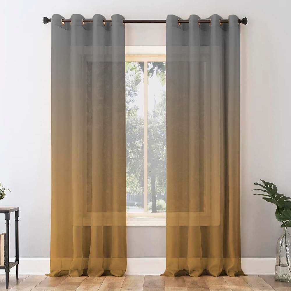 SPACES DRAPE STORY Polyester Digital Boho Printed Twill Textured Sheer Semi Transparent Curtain Set Of 2, 7Ft Door Curtains - Grey/Gold, Grommet