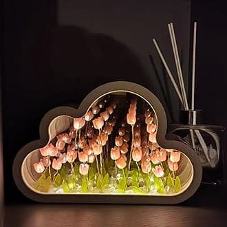 Yevheniy 20 Flowers DIY Tulip Mirror Night Light, LED Handmade Tulip Ocean Cloud Lights, 2 in 1 Mirror & Table Lamp Decoration Ornaments, Bedside Lamp for Couple, Friends, Children (Pink)