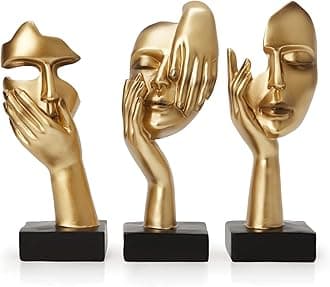 Gold Decor Thinker Statues Set of 3,Golden Abstract Face Resin Sculptures,Home Decor Accents,Office Bookshelf Decor, Shelf Side, Table Decorations for Living Room, Gift for Friends (gold-3Pcs)