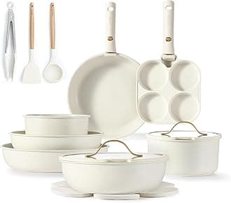 CAROTE 19pcs Pots and Pans Set, Nonstick Cookware Set, Oven/Fridge Use, Induction Kitchen Cookware Sets Non Stick with Detachable Handle, RV Cookware Set, Gold and White