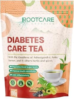 Rootcare Organics Diabetes Care Tea with Ashwagandha, Amla, Jamun and 15 Herbs | Herbal Blend for Blood Sugar Support Natural Health Drink for Diabetes Management 100% Organic | Pack Of 1 Month | 100g