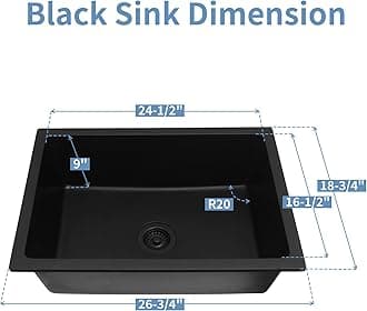 MONSINTA Black Undermount Kitchen Sink, 27" x 18" x 9" Matte Black Granite Composite Kitchen Sinks, 2718 Single Bowl Small Kitchens Sink with Accessories