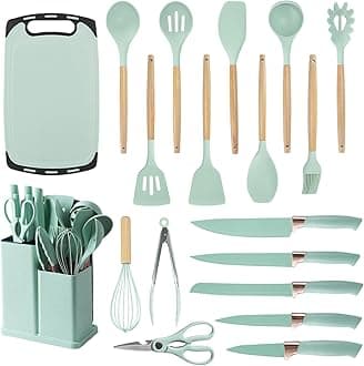 Cooking Utensils Set - 19 Piece Set with 11 Spatulas, 6 Sharp Knives, Silicone Utensils & Cutting Board (Green)