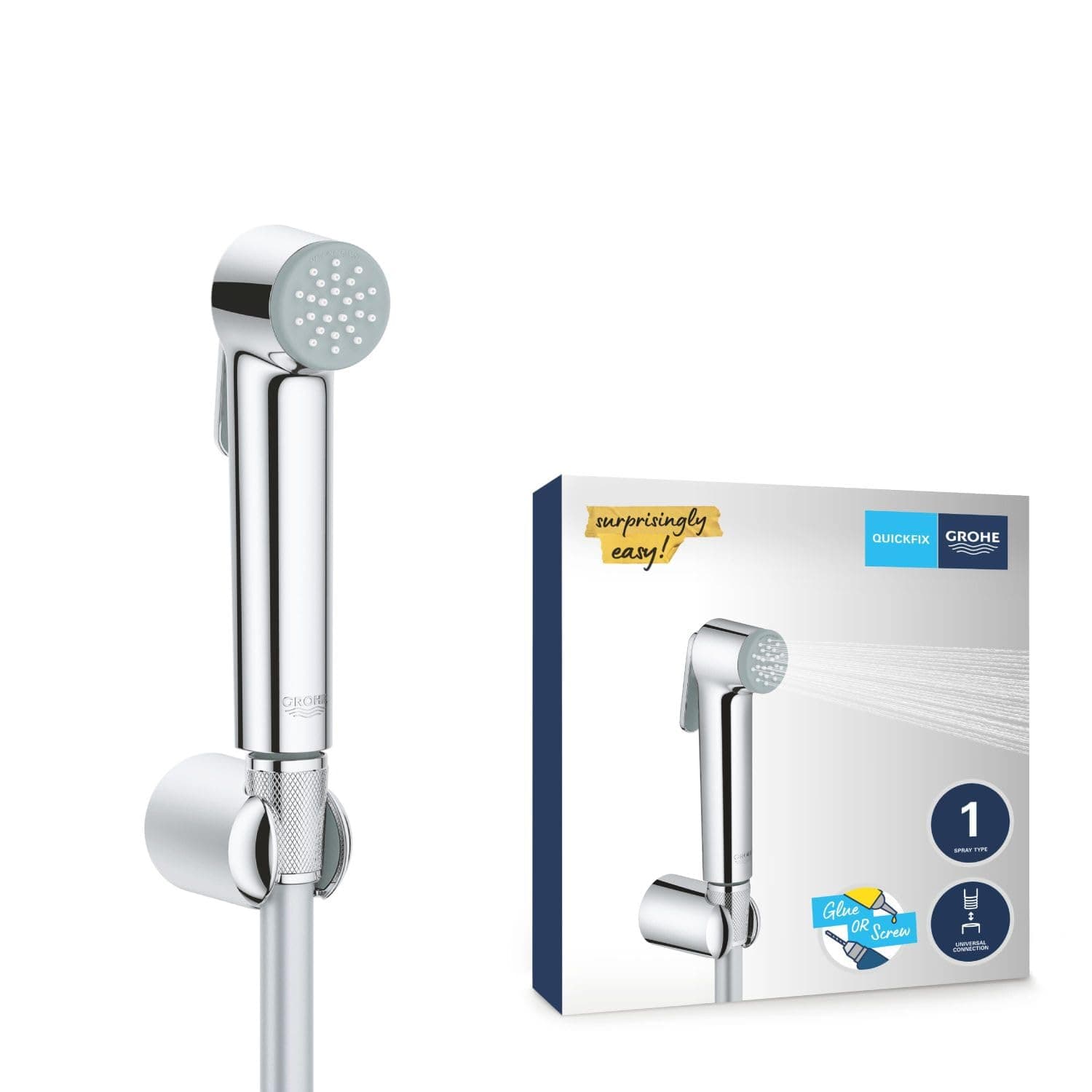 GROHE Vitalio Trigger Spray 30 - Wall Holder Set with Trigger Control Hand Shower (Hand Shower 36mm, TwistFree Shower Hose 1.25m, Wall Shower Holder 40mm), High Pressure Min. 1.0 Bar, Chrome, 26175001
