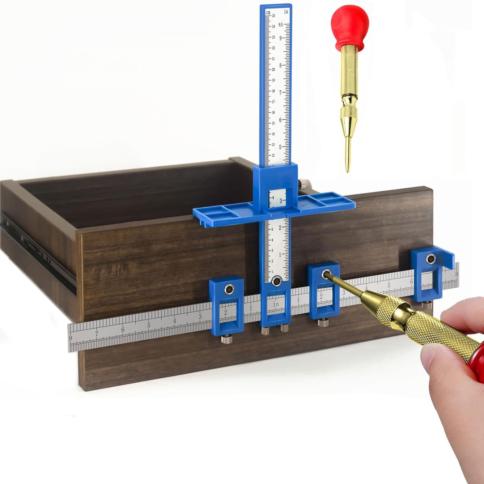 HBSTUDIO Cabinet Hardware Jig, Cabinet Handle Jig + Automatic Hole Punch, Cabinet Jig for Handles and Pulls on Drawers/Cabinets, Cabinet Hardware Template Tool Perfect Set.