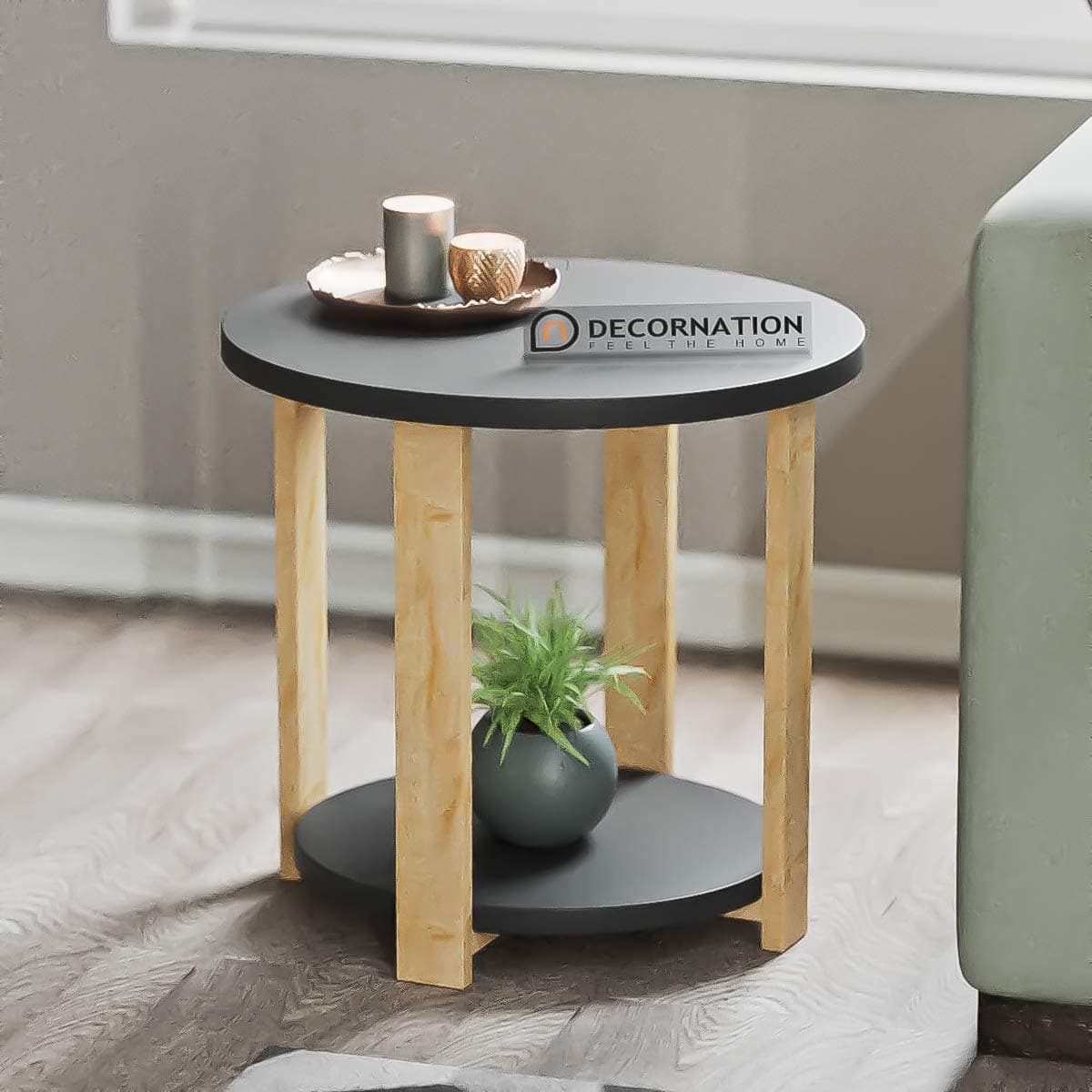 DecorNation Juno Modern Round Side Table, MDF End Table with Storage Shelf for Living Room, Bedroom, Office Furniture - Black with Natural Legs ( Wood,Black )