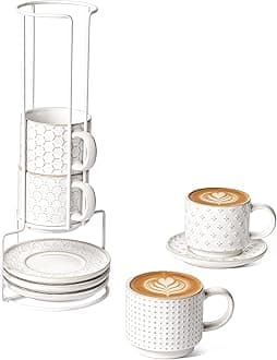 Stackable Cappuccino Cups with Saucers and Stand, Set of 4, 6 oz Ceramic Coffee Cup Set for Espresso Au Lait, Flat White, Tea, Americano, Dishwasher & Microwave Safe, Embossed, White