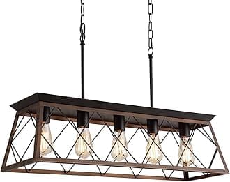 Q&S Farmhouse Rustic Chandelier Light Fixtures Bronze 5 Lights Linear Rectangular Chandelier Pendant Light Fixtures for Dining Room Kitchen Island Pool Bar Office Living Room Entryway UL Listed