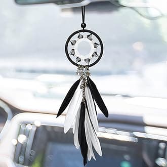 Alynsehom Dream Catcher Car Interior Rearview Mirror Hanging Decor Handmade Grids Nature Feather Small Boho Car Charms Pendant Accessories (Black and White)