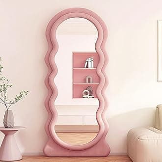 CEIEVER Irregular Wavy Mirrors, Full Length Mirror 160x60 CM Arch Floor Standing Mirrors Asymmetrical Mirror for Living Room,Bathroom,Bedroom,Entryway Wall Decor (Pink)