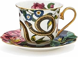 x Creatures of Curiosity Tea Cup and Saucer Set - Fine China with 22-Carat Gold Detailing, Fluted Black Snake with Floral Design, Comes with Gift Box