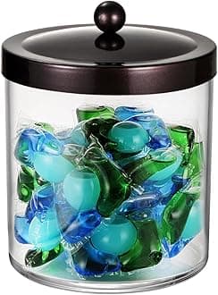 SheeChung 50oz Large Apothecary Jar with Bronze Rust-Proof Lid - Shatterproof Plastic Laundry Pods Container - Rustic Farmhouse Decor Storage Jar for Bathroom Vanity, Kitchen, & Scent Bead