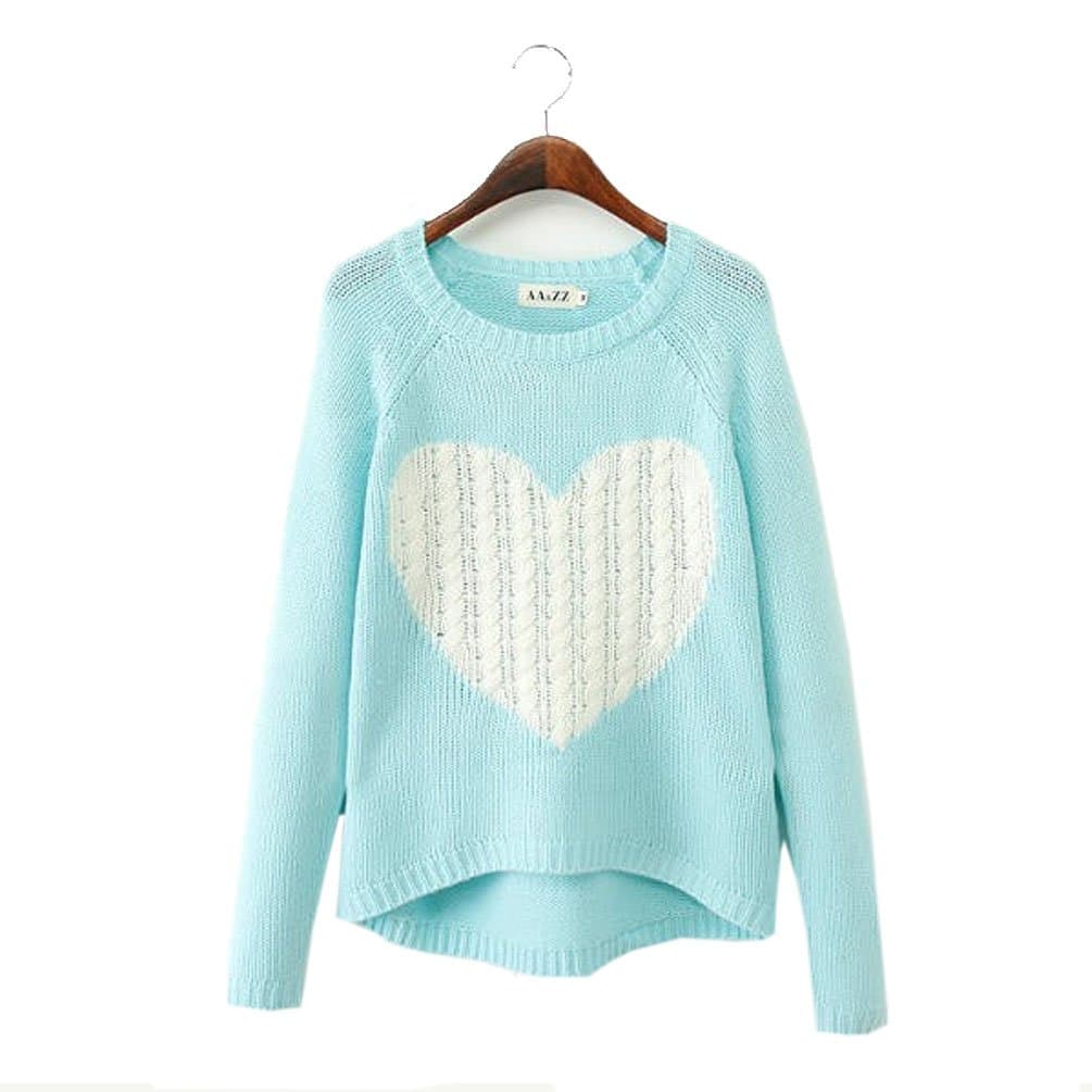 Gorgeous Big Heart Sweater Pullovers Casual Knitted Light Blue Size M