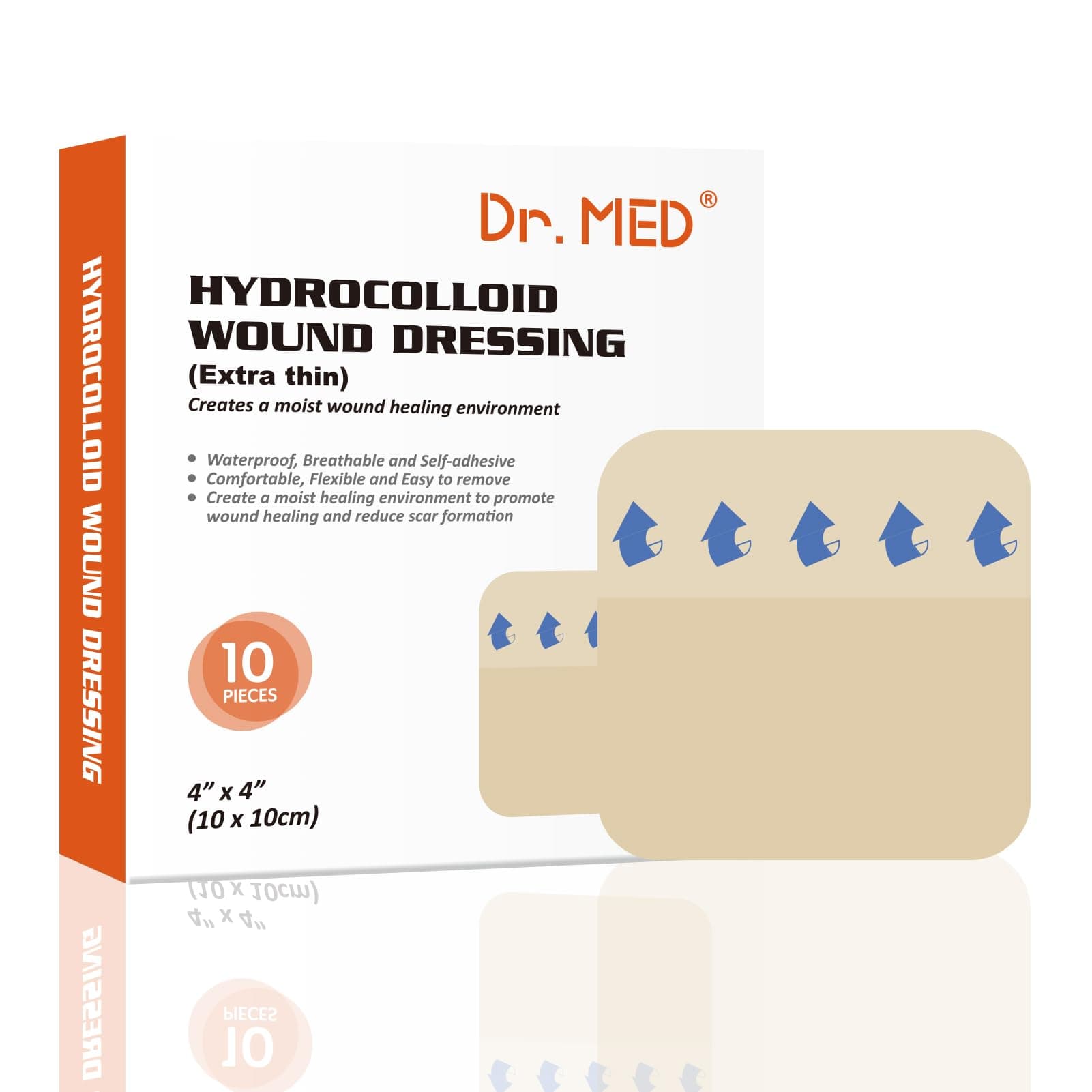 Hydrocolloid Wound Dressing Extra Thin 4"x4"-10 Pack/Box, Waterproof Adhesive Bordered Bandage, for Light Exudate, Abrasions, Pressure Ulcer, Bed Sore, Superficial Wound Care