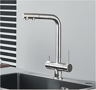 Chrome Brass Pull Out Filtered Kitchen Faucet Dual Handle Hot Cold Drinking Water 3-Way Filter Purification Mixer Taps(Color:Brushed Nickel)