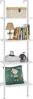 Ladder Shelf 4 Tiers Metal Industrial Bookshelf,White Wooden Tall Open Storage Rack and Display Shelves,Wall Mount Wide Bookcase for Home Office Bedroom,Small