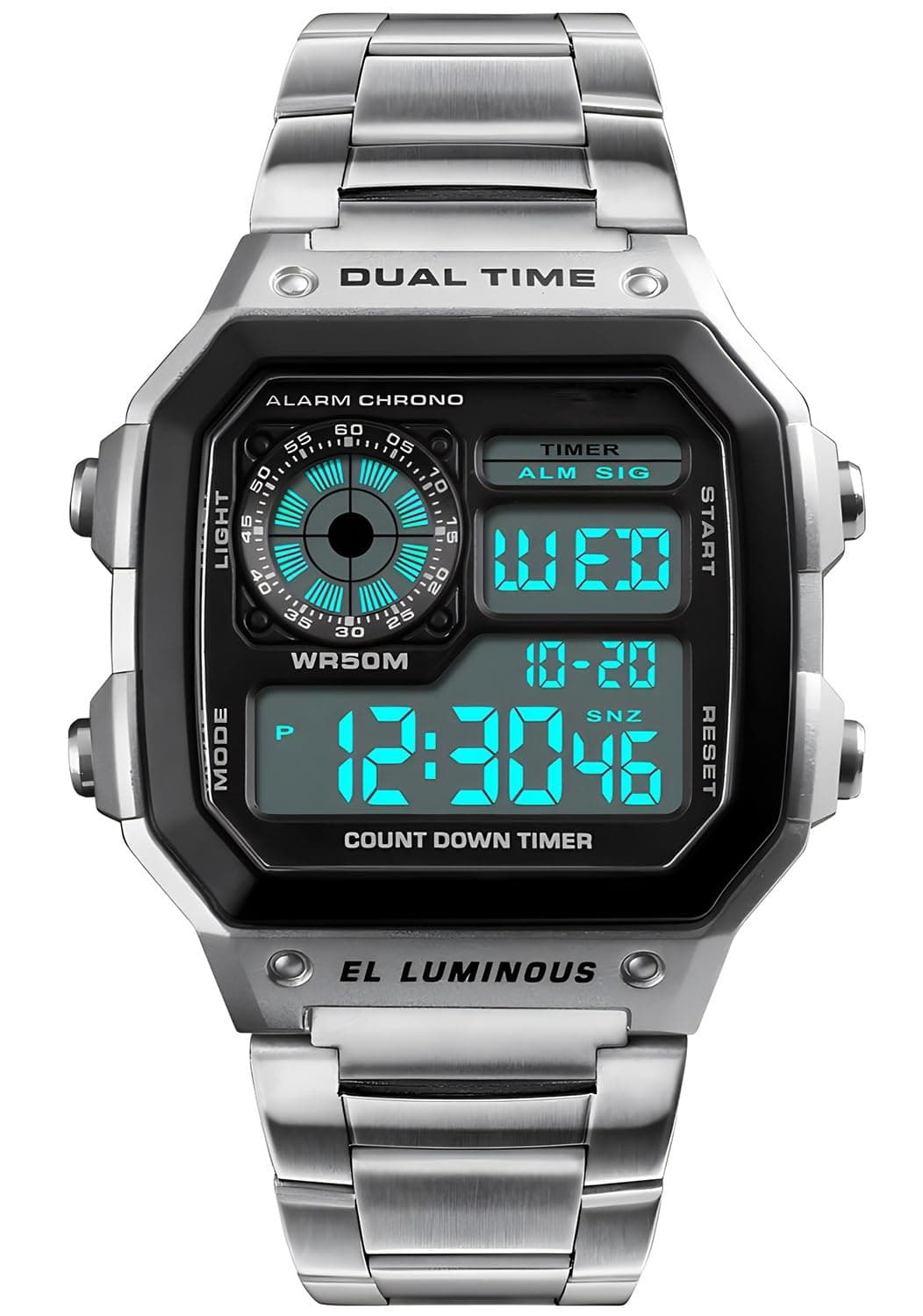 PASOY Mens Digital Multi-Function 2 Time Rubber Alarm Stopwatch Countdown Backlight Swim Waterproof Watch