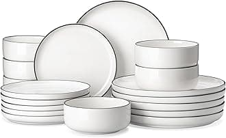 MALACASA LUNA Crockery Set for 6 People, 18-Piece White Porcelain Dinner Service with Black Rim, Modern Dinner Set with 6 Dinner Plates, Dessert Plates and Cereal Bowls