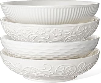Pasta Bowls 32oz, Ceramic Large Salad Bowls 8 inch, White Embossed Soup Bowl Set of 4 for Entertaining, Serving, Dinner, Wide Shallow Microwave Dishwasher Oven Safe (Mixed Pattern)