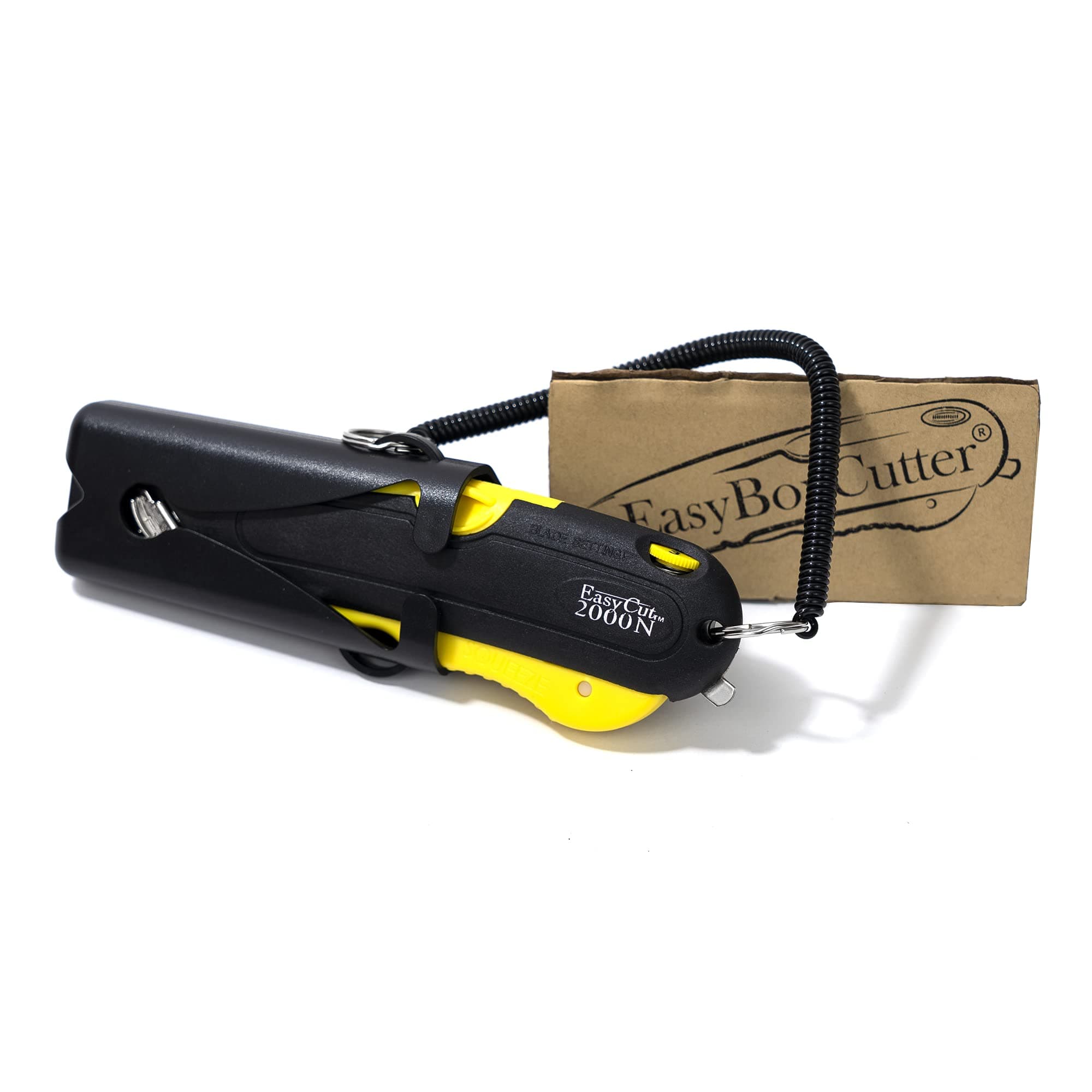 Modern Box Cutter, extra tape cutter at back, dual side edge guide, 3 blade depth setting, 2 blades and holster - Yellow Color 2000