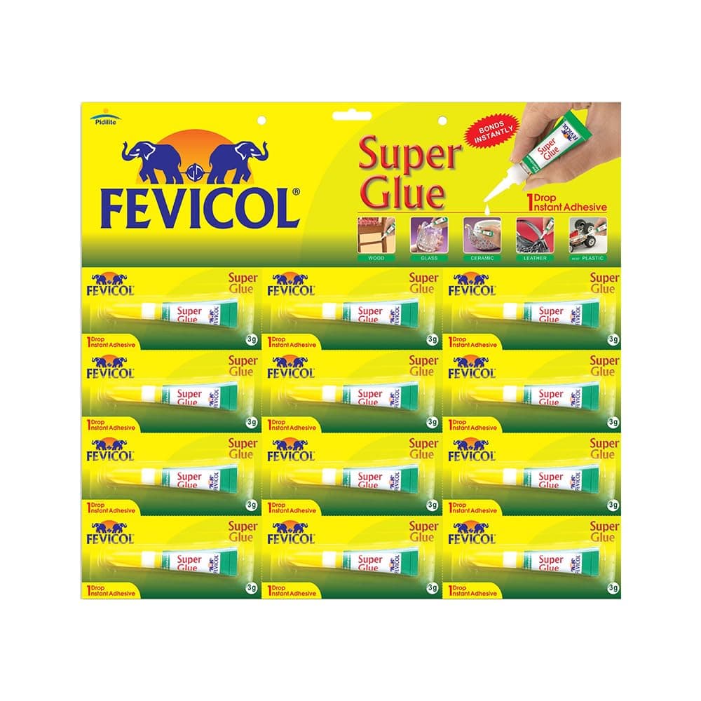 Fevicol Super Glue 3 g x 12 | Multi-Surface Instant Adhesive for use on Wood, Ceramic, Glass, Leather, Plastic & DIY Crafts