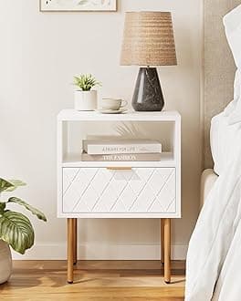 Nightstand,Morden Bedside Table with Gold Frame,Small White Night Stand,End Table,Bedside Furniture,Side Table with Drawer and Shelf for Bedroom,Living Room (White)